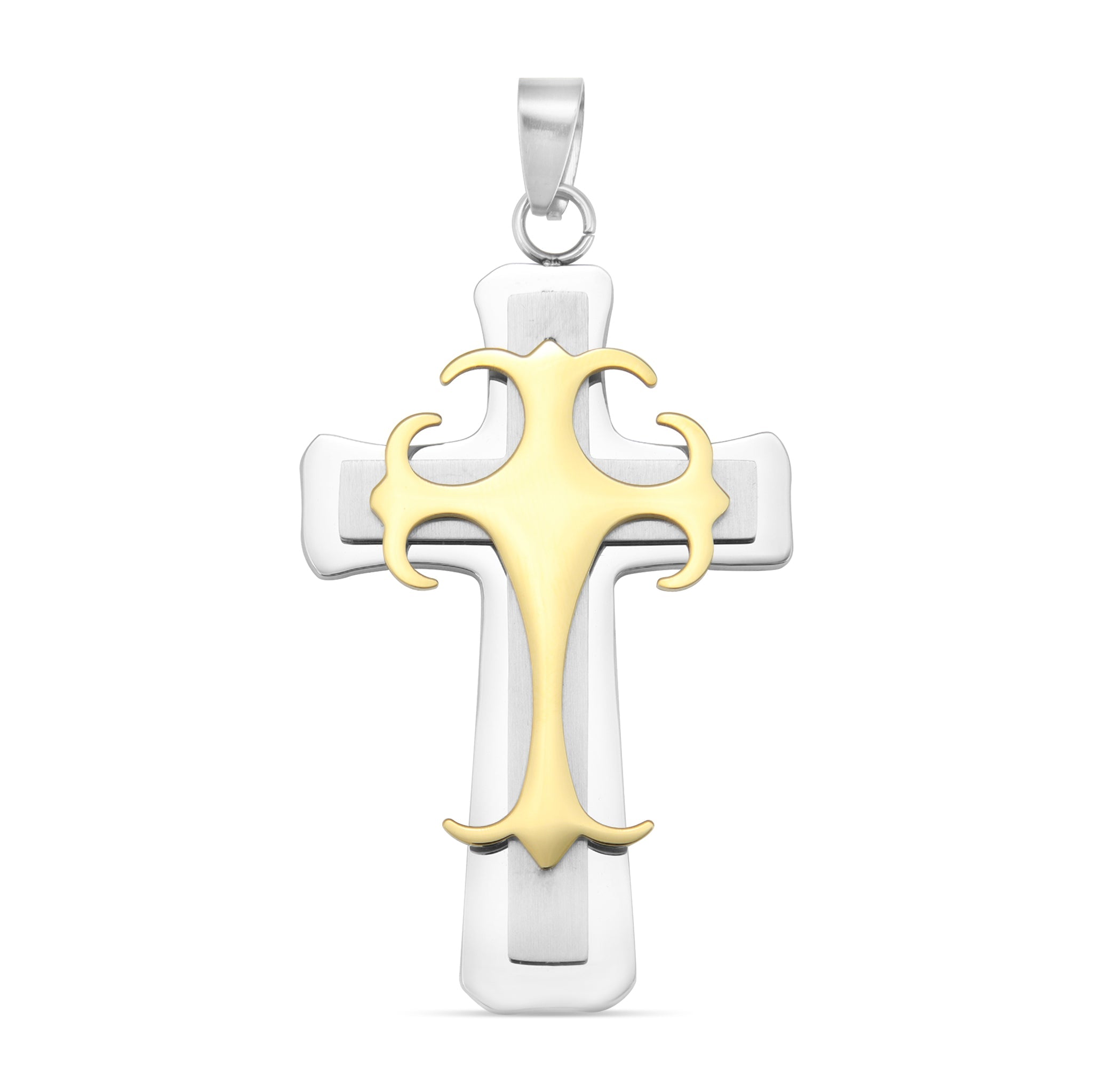 Stainless Steel And 18K Gold PVD Coated Triple Layer Cross Pendant