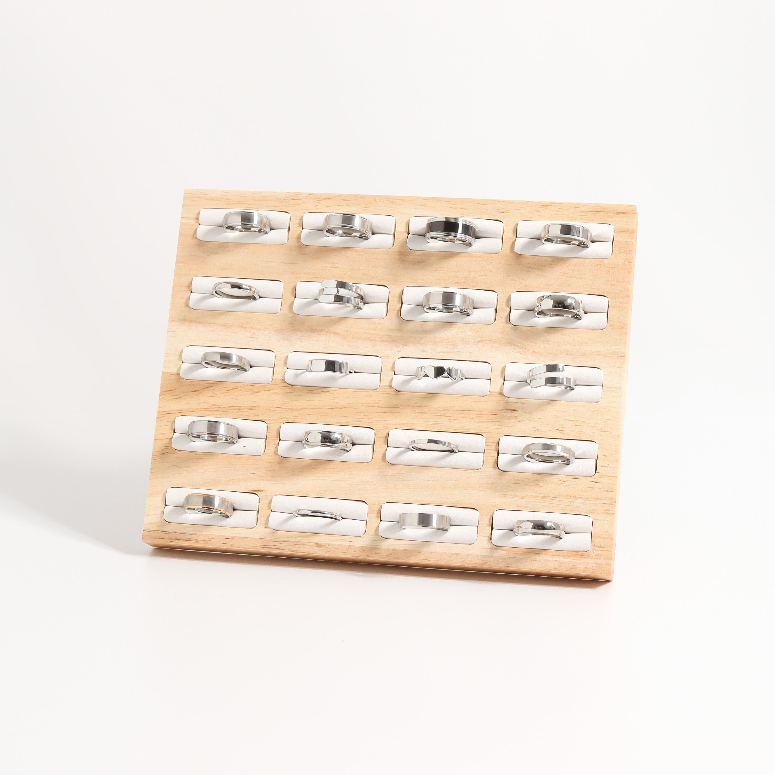 Natural Wood & Leather 20 Unit Slotted Ring Display