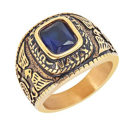 18K Gold PVD Stainless Steel United States Navy Blue Center Stone Ring