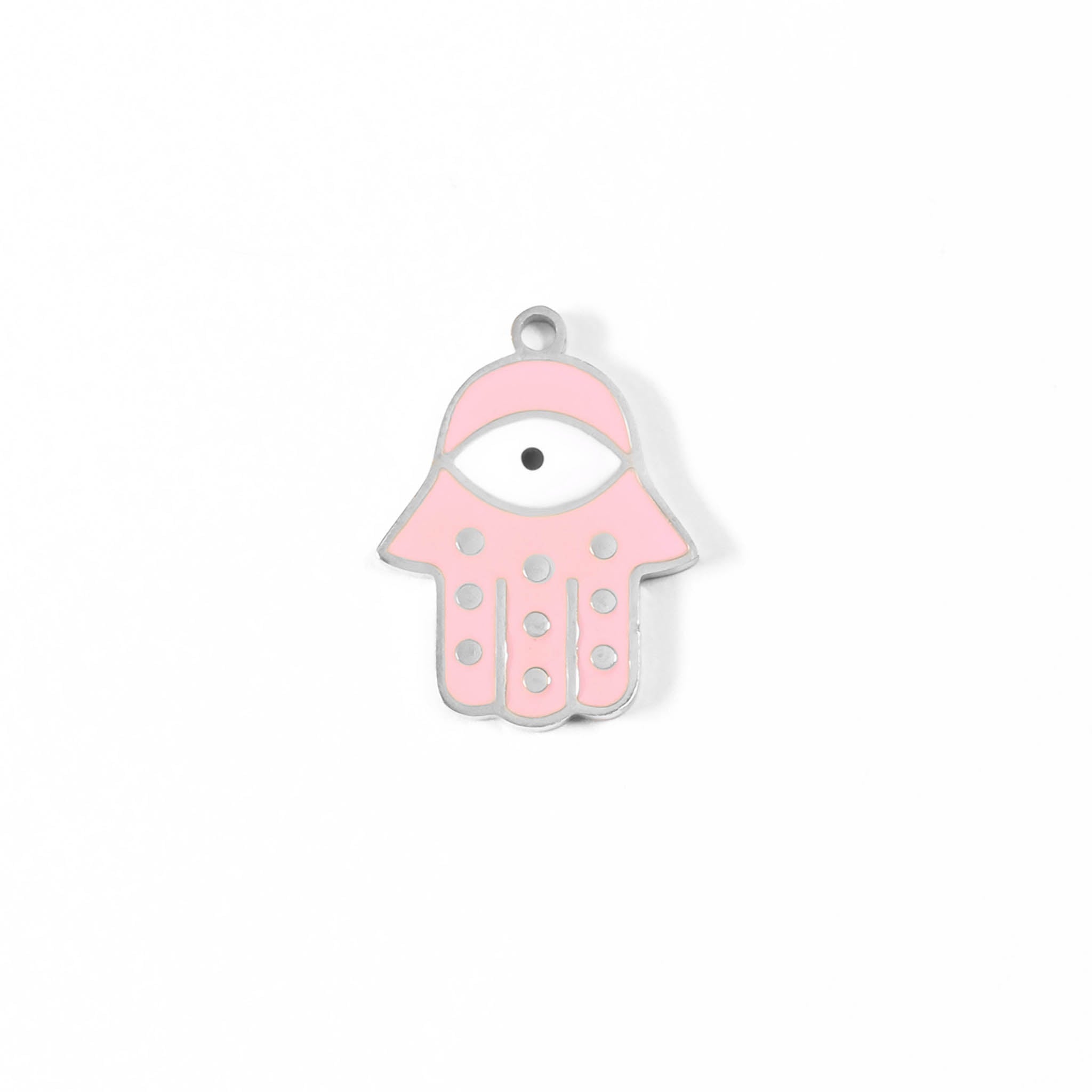 18K Gold PVD Stainless Steel Epoxy Pink Hamsa Hand Evil Eye Charm