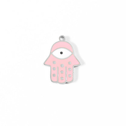 18K Gold PVD Stainless Steel Epoxy Pink Hamsa Hand Evil Eye Charm