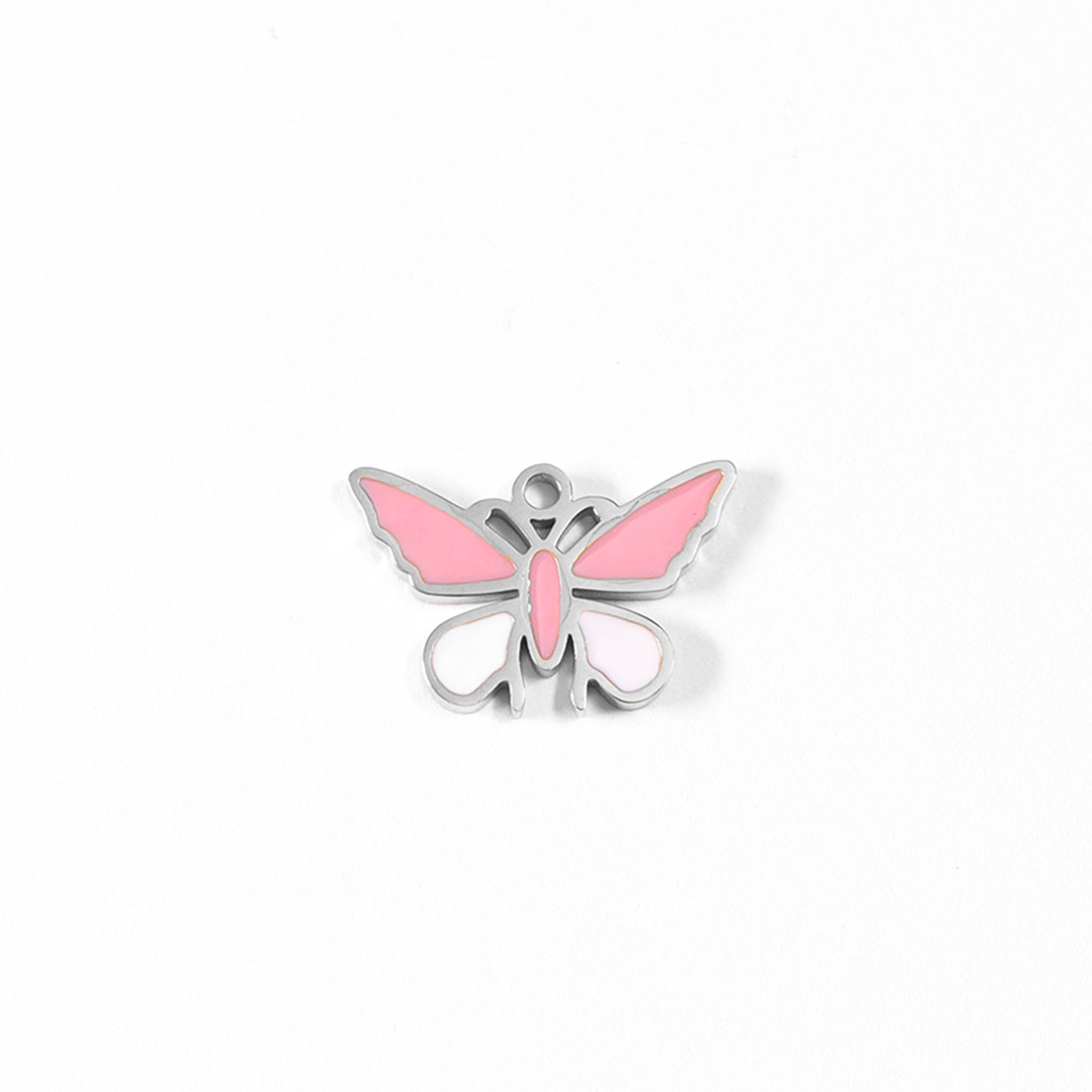 18K Gold PVD Stainless Steel Epoxy Pink and White Butterfly Charm