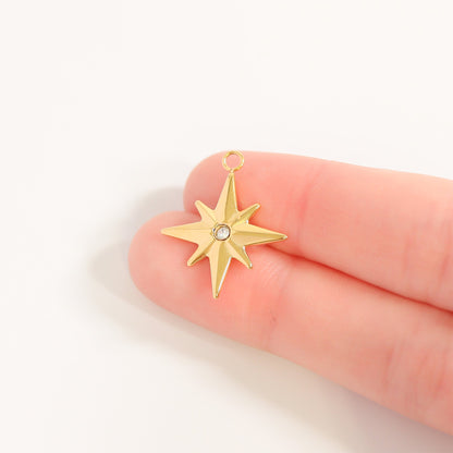 18K Gold PVD Stainless Steel CZ Compass Star Charm