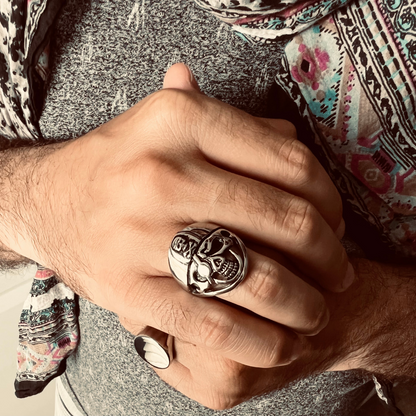 Detailed Eye Patch Skull With Skull Hat Stainless Steel Ring