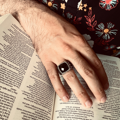 Detailed Cubed Center Black Stone Stainless Steel Ring