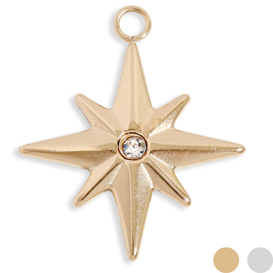 18K Gold PVD Stainless Steel CZ Compass Star Charm