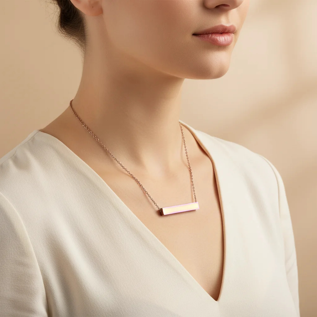18K Gold PVD Stainless Steel Large Square 4-Sided Horizontal Polished Bar Necklace