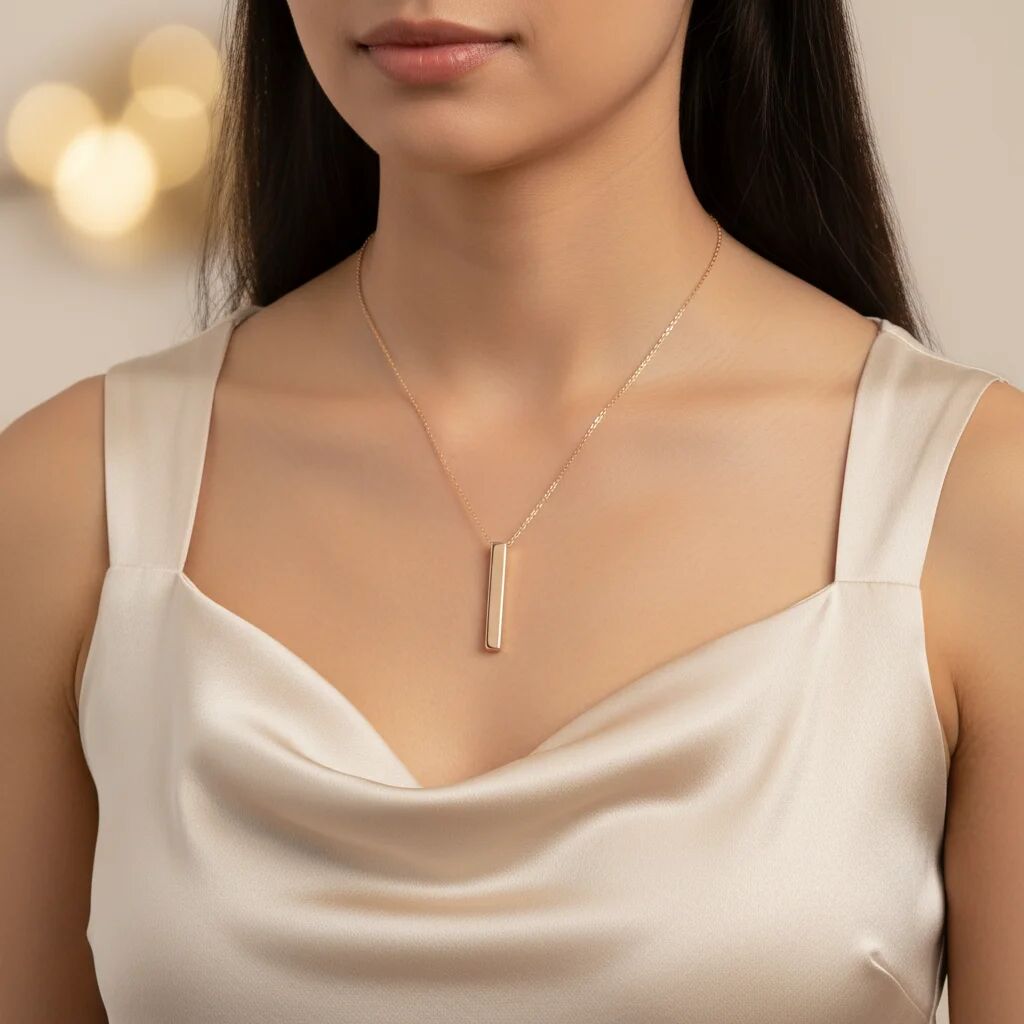18K Gold PVD Stainless Steel Large Square 4-Sided Vertical Bar Polished Necklace