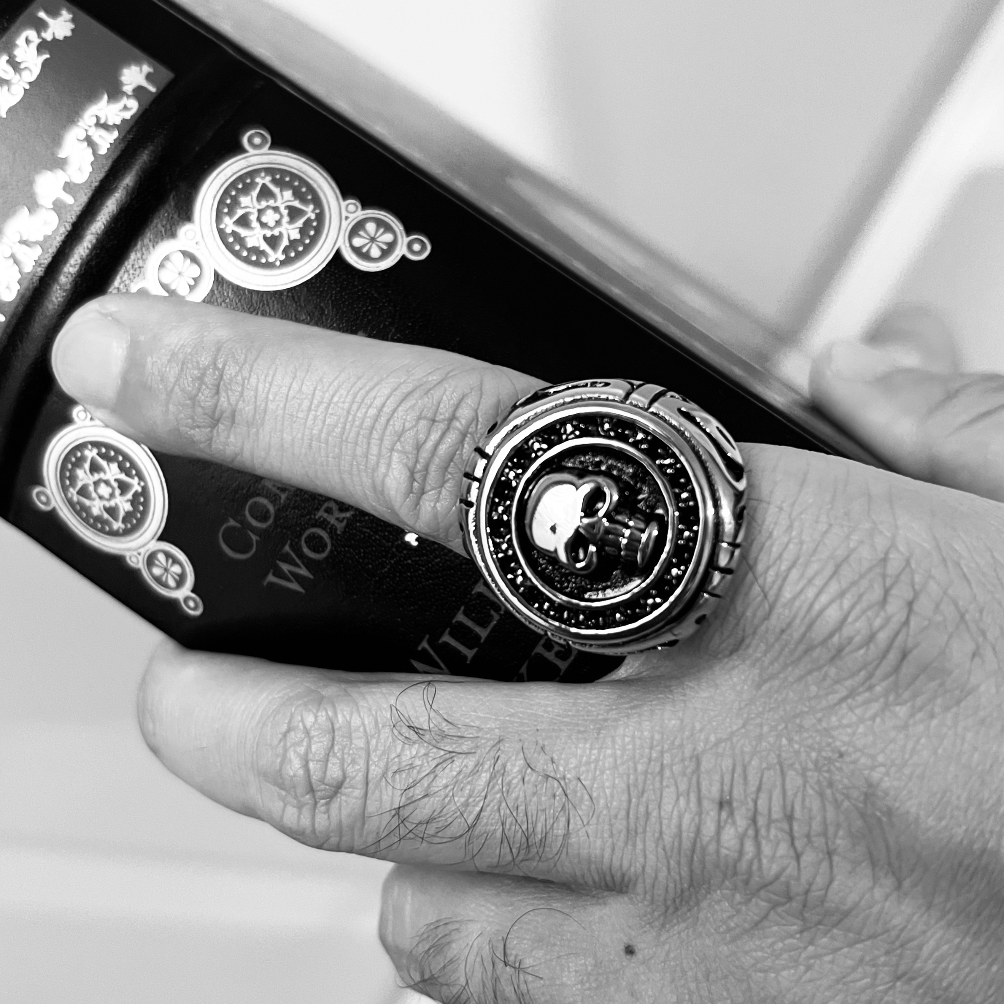 Stainless Steel Large Filigree Skull Signet Ring