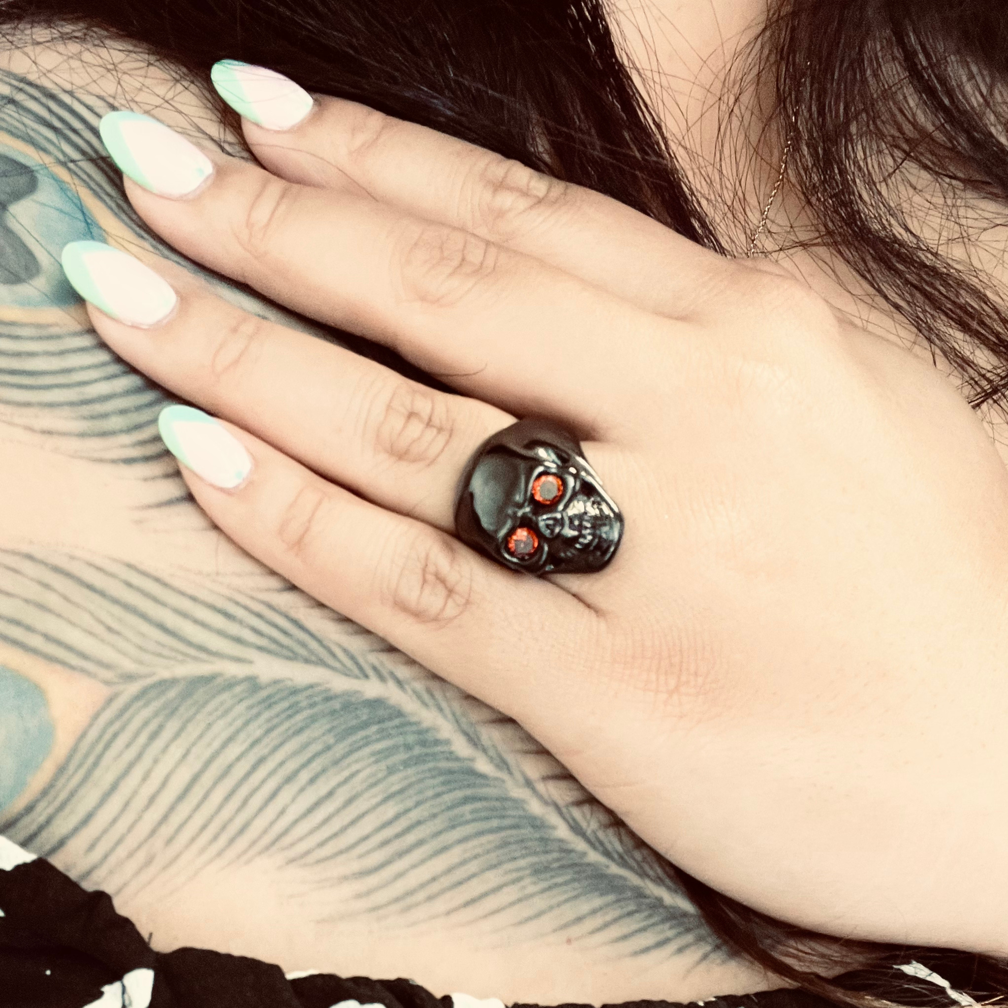Stainless Steel Red CZ Eyed Black Skull Ring