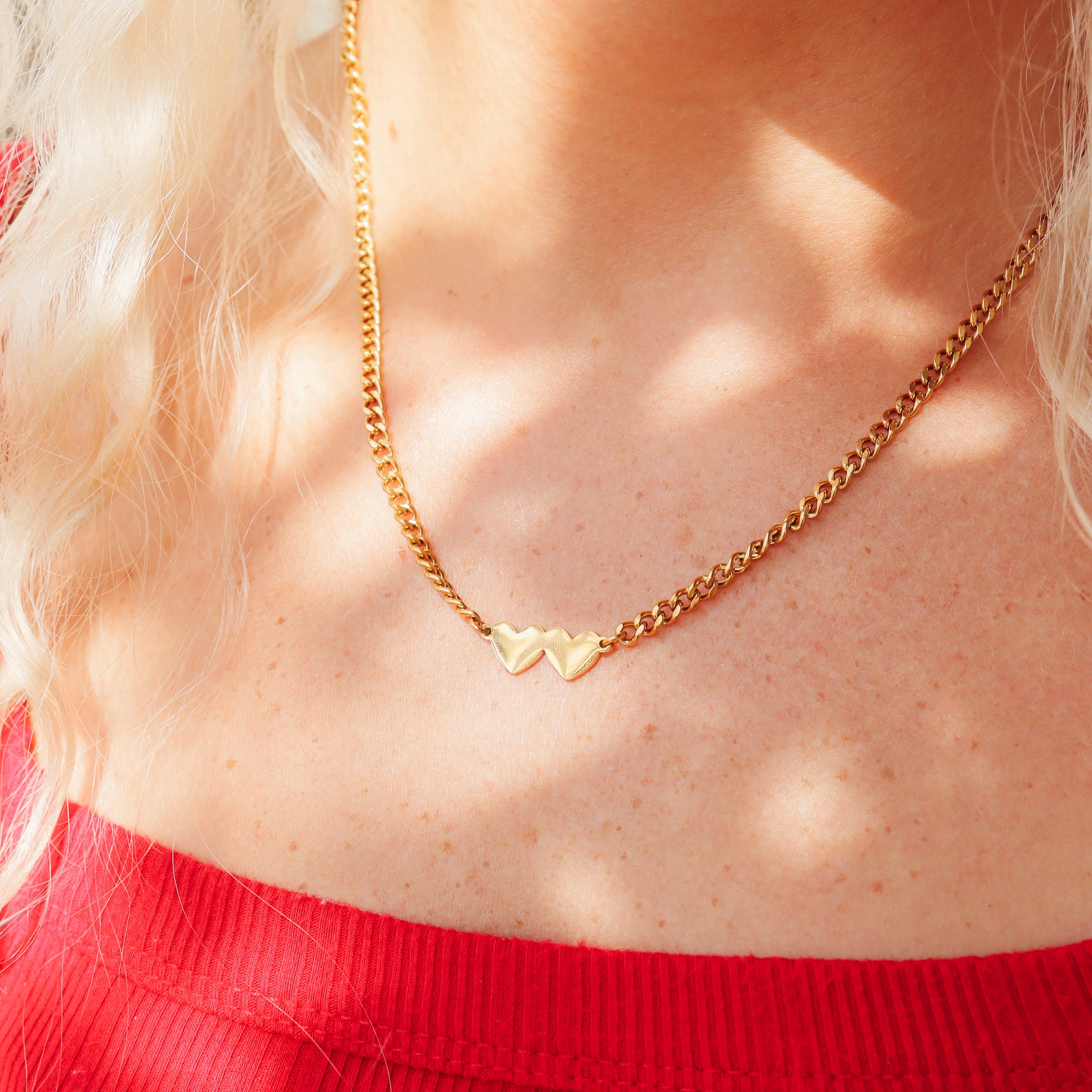 18K Gold PVD Stainless Steel Engravable 2 Hearts on Curb Chain Necklace