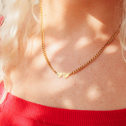 18K Gold PVD Stainless Steel Engravable 2 Hearts on Curb Chain Necklace