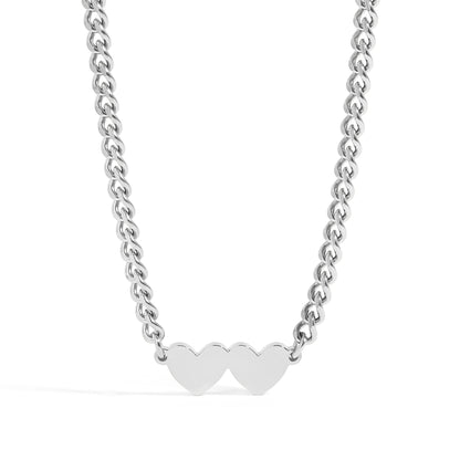 18K Gold PVD Stainless Steel Engravable 2 Hearts on Curb Chain Necklace