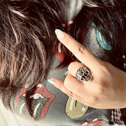 Stainless Steel 18K Gold PVD Coated Red CZ Eyed Filigree Skull Ring