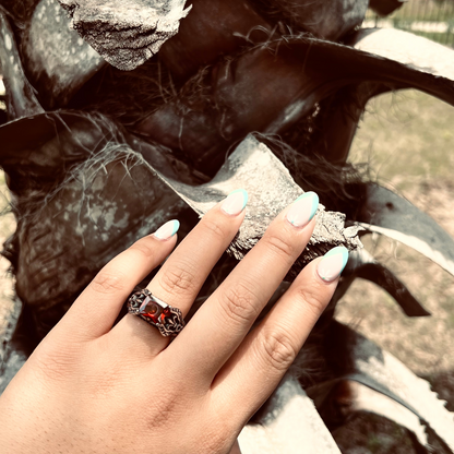 Red CZ Center Detailed Fleur De Lis Accents Stainless Steel Ring