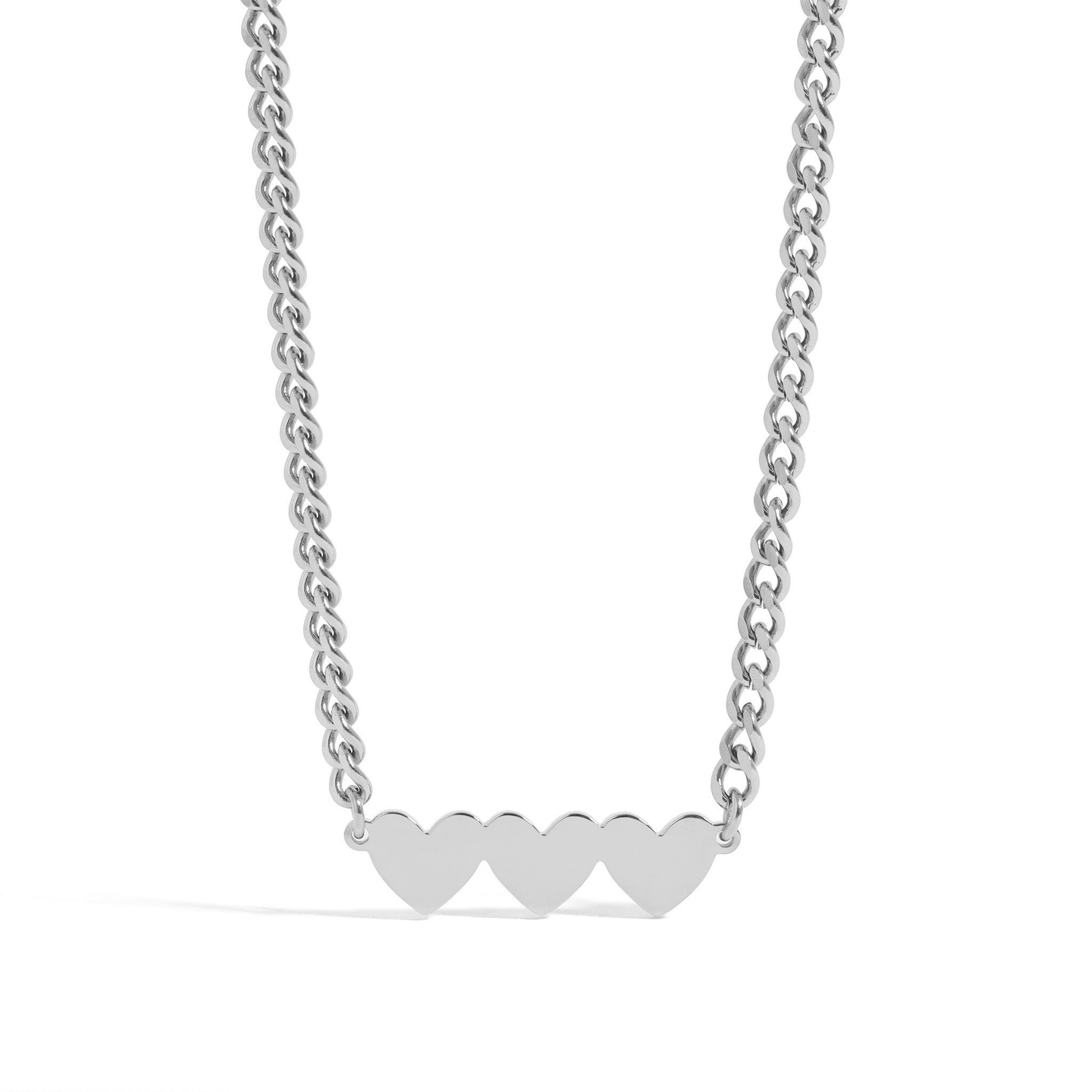 18K Gold PVD Stainless Steel Engravable 3 Hearts on Curb Chain Necklace