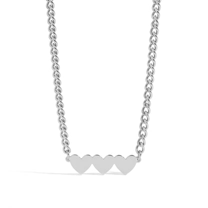 18K Gold PVD Stainless Steel Engravable 3 Hearts on Curb Chain Necklace