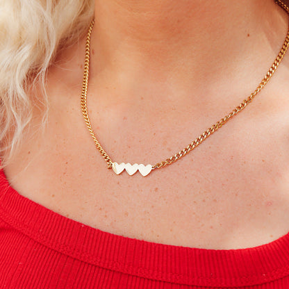 18K Gold PVD Stainless Steel Engravable 3 Hearts on Curb Chain Necklace
