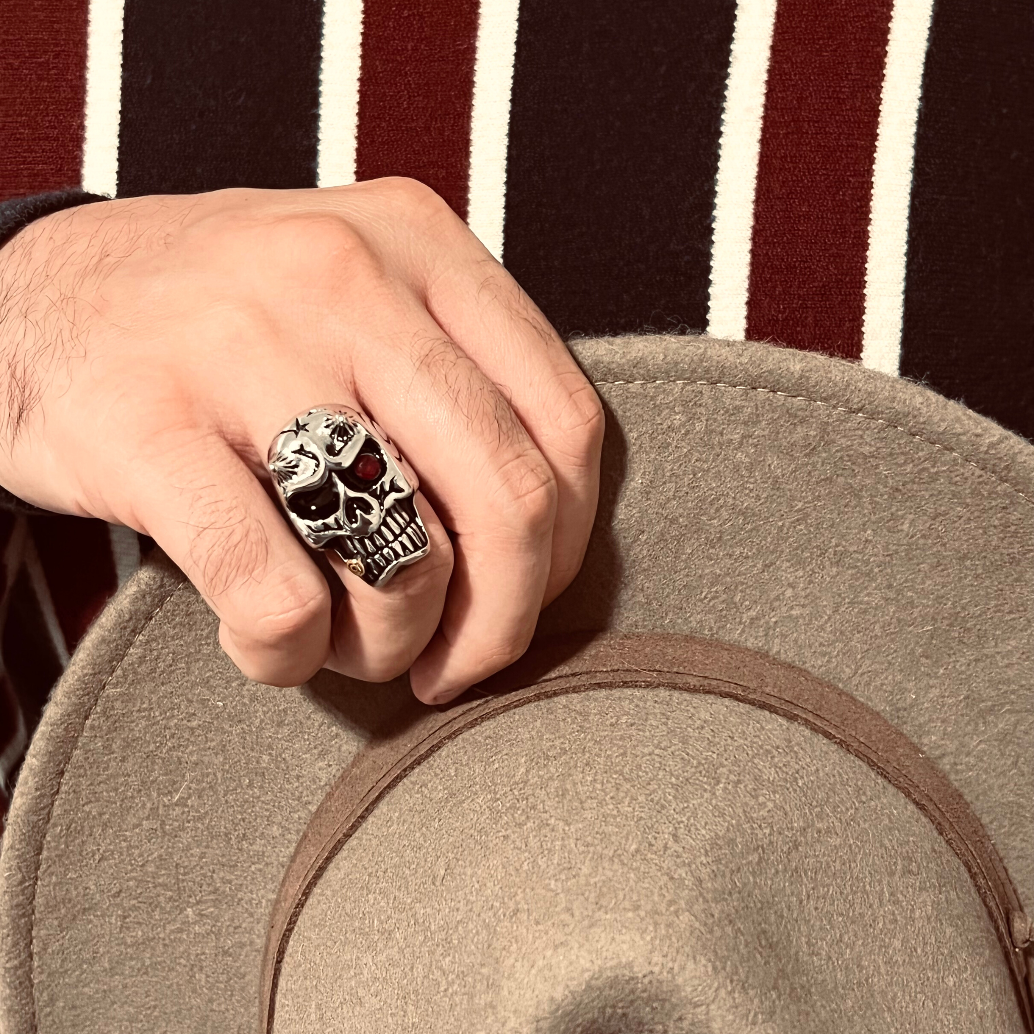 Stainless Steel Devil Skull With Red CZ Eye Smoking 18K Gold PVD Coated Cigar Ring