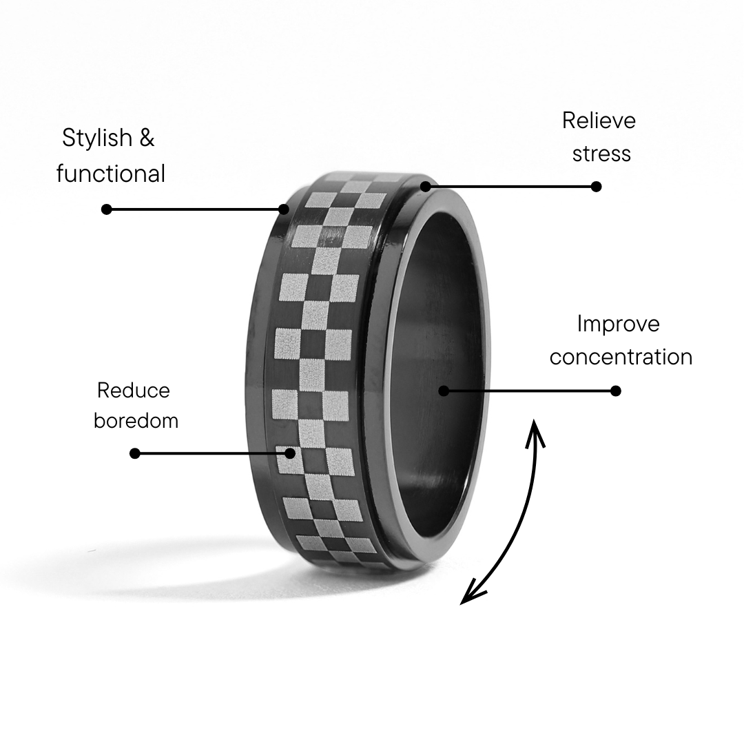 Stainless Steel Black Checker Spinner Ring
