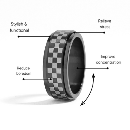 Stainless Steel Black Checker Spinner Ring