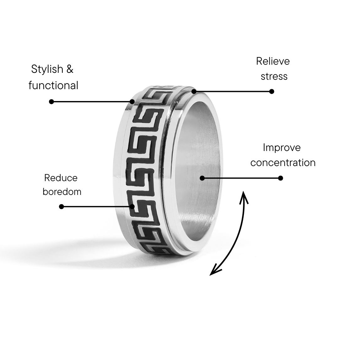 Stainless Steel Black Greek Key Spinner Center Polished Ring