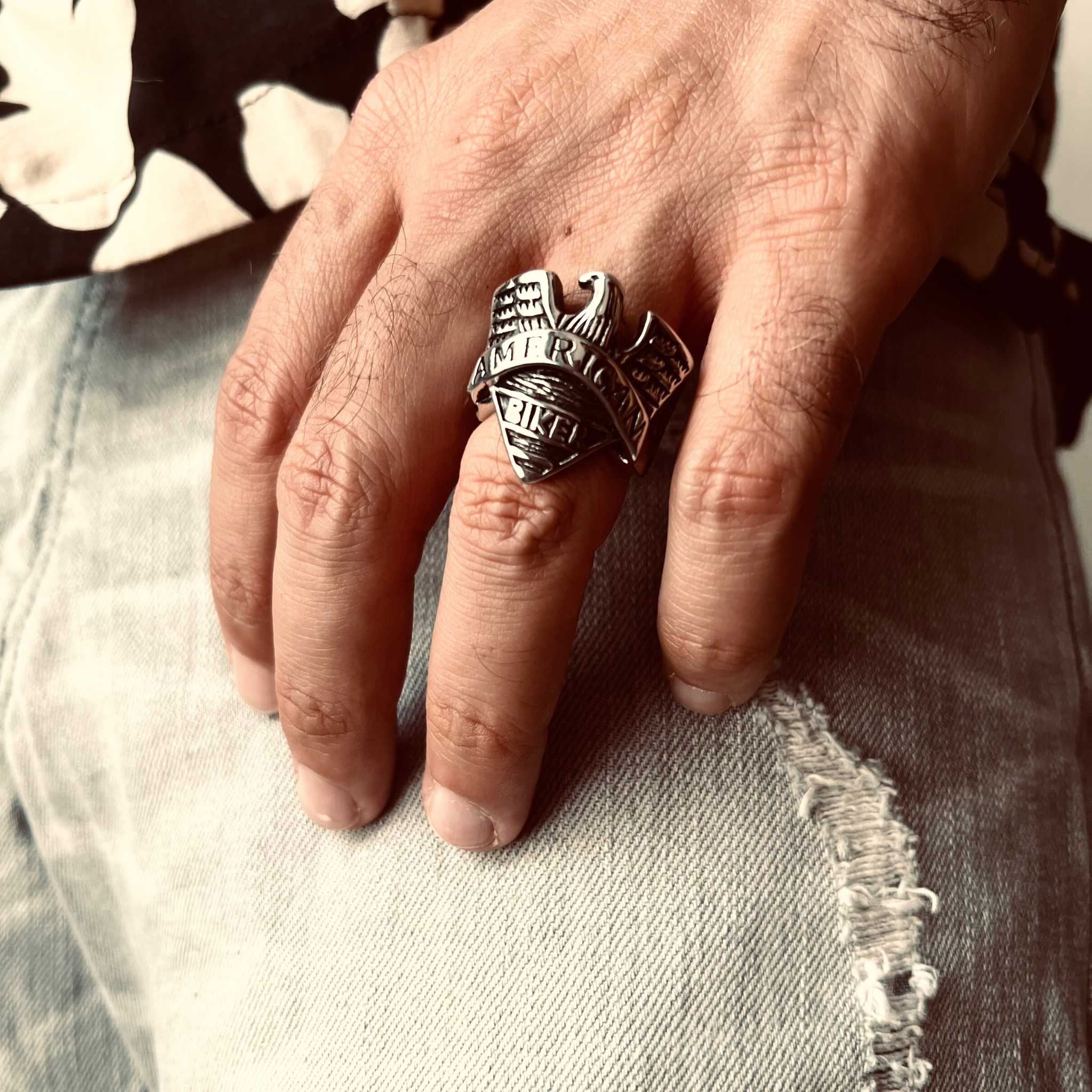 Stainless Steel "AMERICAN BIKER" With Eagle Ring