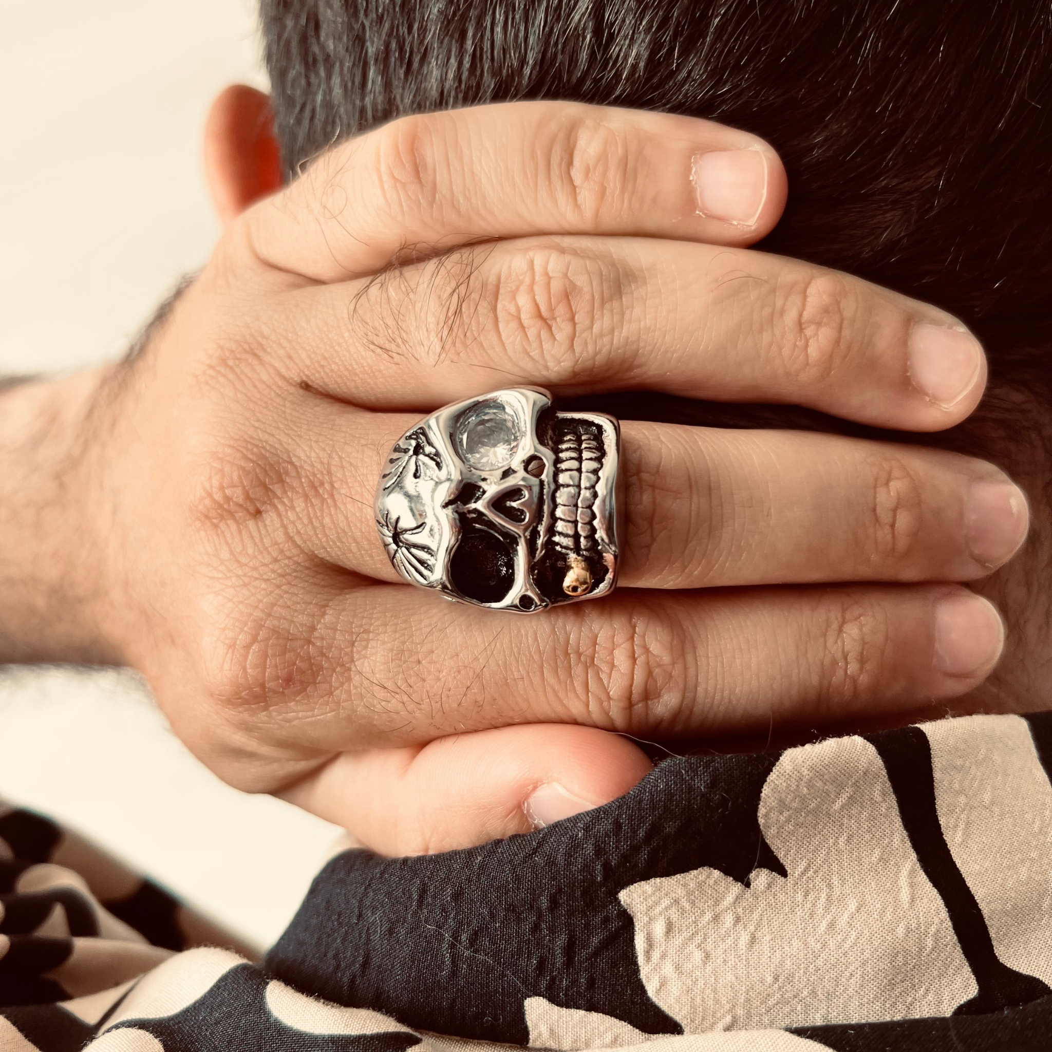 Stainless Steel Skull Smoking 18K Gold PVD Coated Cigar And Single CZ Eye Ring