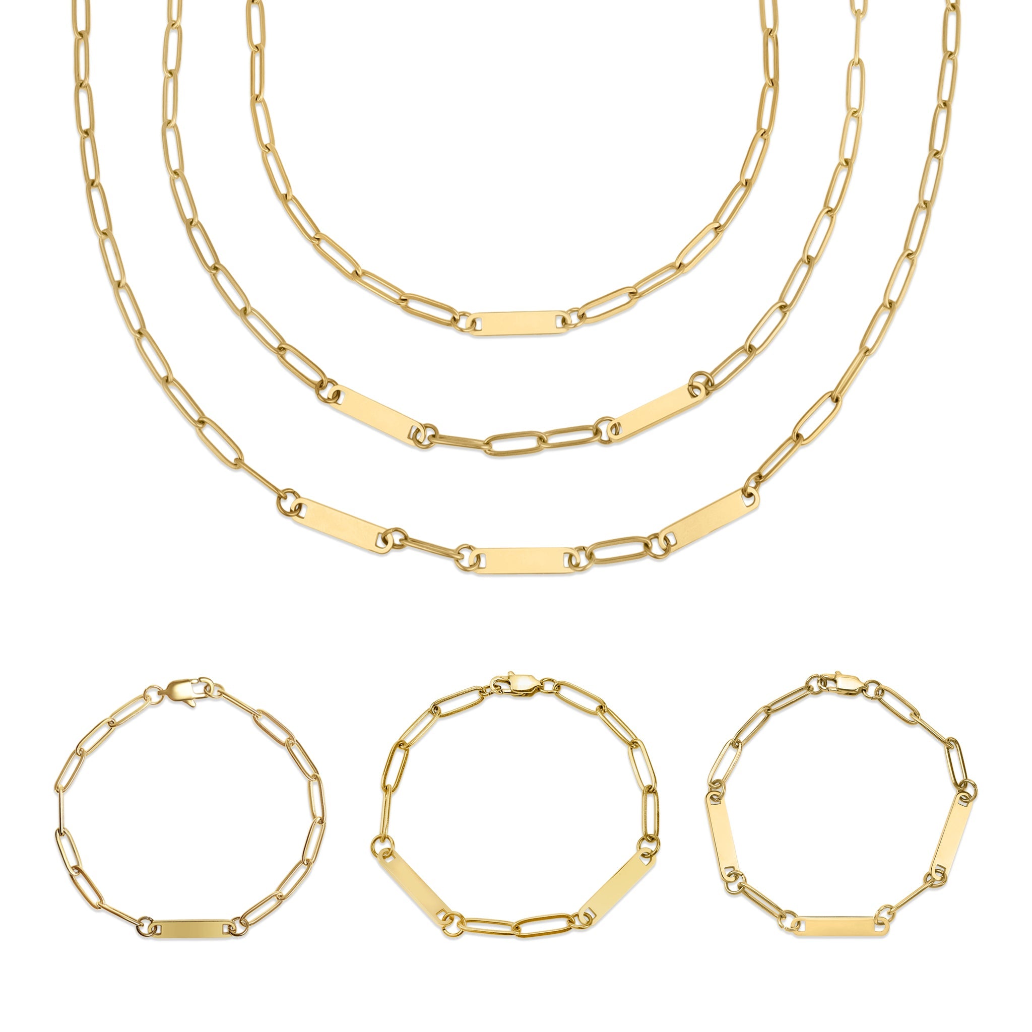 30pc 18K Gold PVD Coated Stainless Steel Engravable Paperclip Bar Necklace Bracelet Set