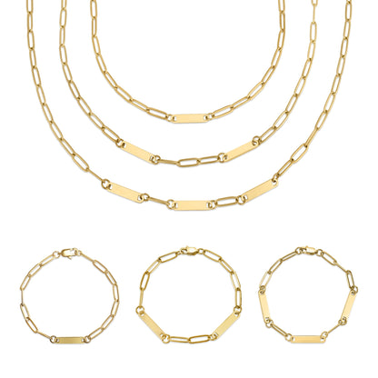 30pc 18K Gold PVD Coated Stainless Steel Engravable Paperclip Bar Necklace Bracelet Set