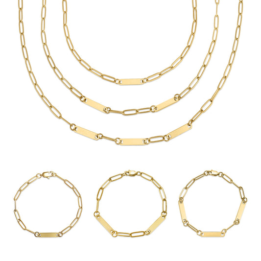 30pc 18K Gold PVD Coated Stainless Steel Engravable Paperclip Bar Necklace Bracelet Set