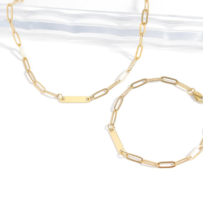 18K Gold PVD Stainless Steel Engravable Paperclip Blank Bar Necklace