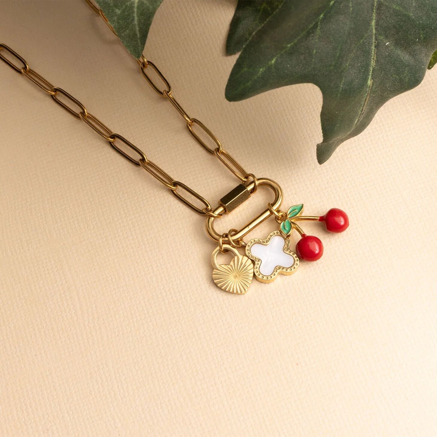 18K Gold PVD Stainless Steel Cherry Heart Charm Set