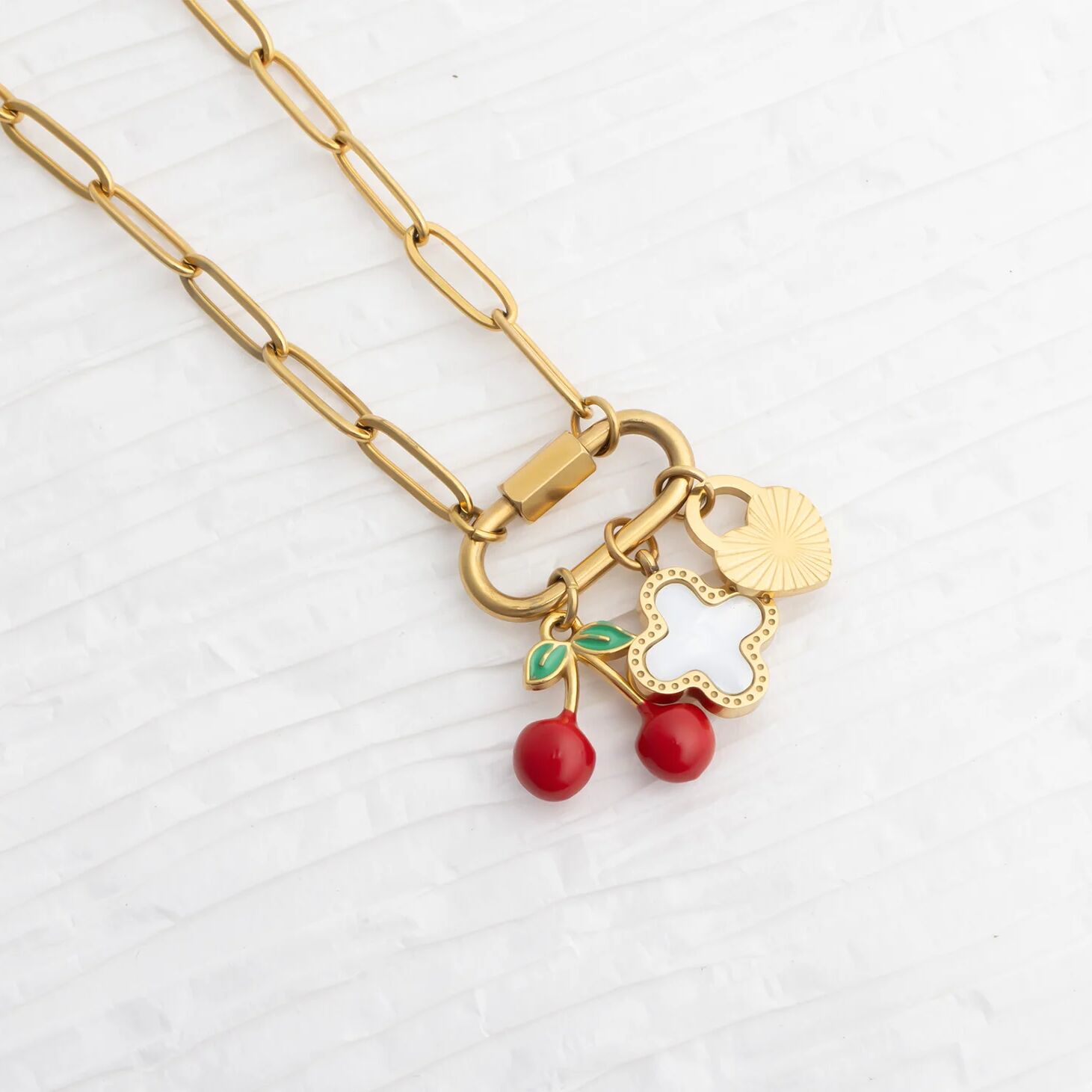18K Gold PVD Stainless Steel Cherry Heart Charm Set