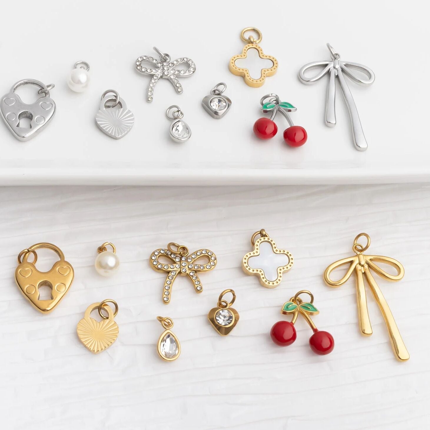 18K Gold PVD Stainless Steel Cherry Heart Charm Set