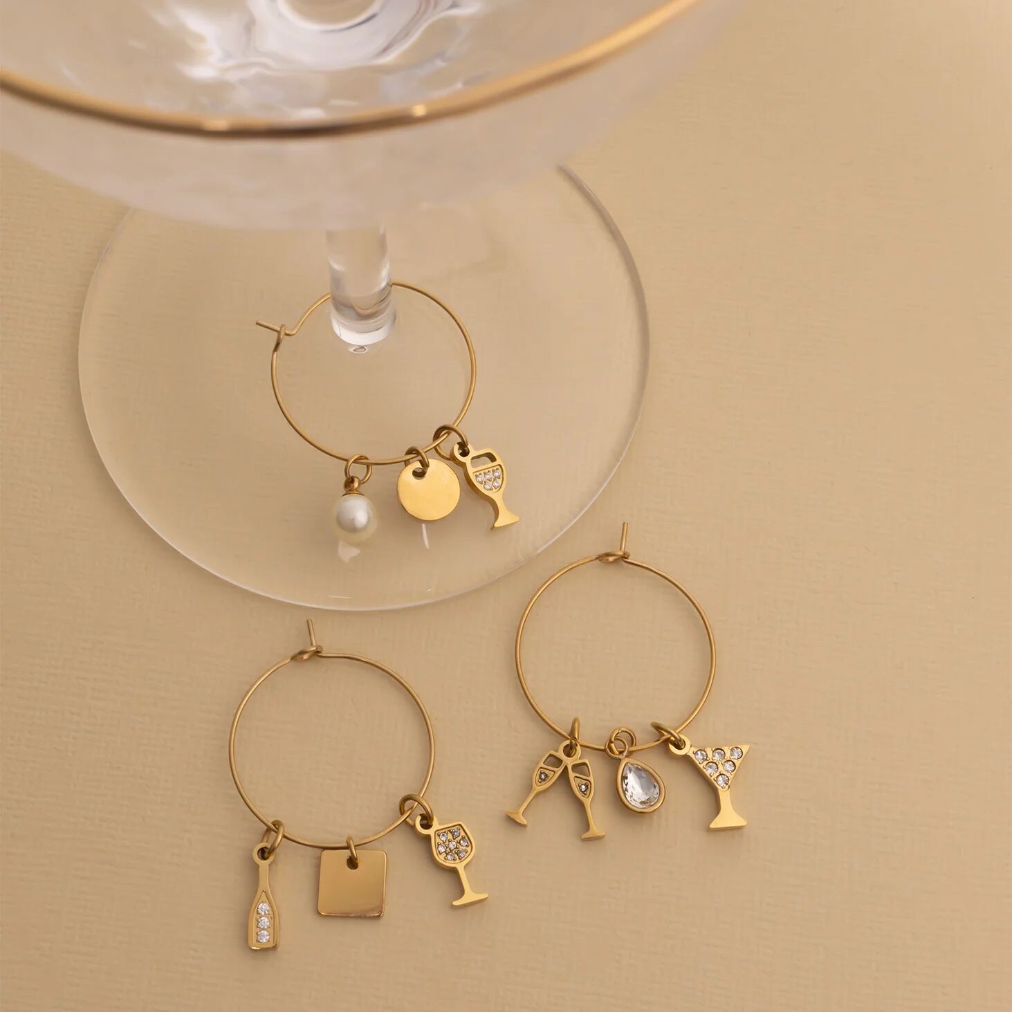 18K Gold PVD Stainless Steel Wine Glass Charm Set