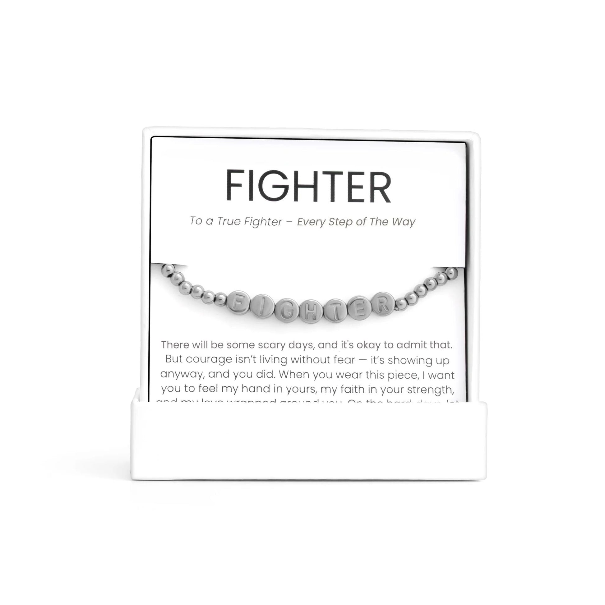 Fighter Metal Beaded Bracelet Gift Set with engraved message on a white background
