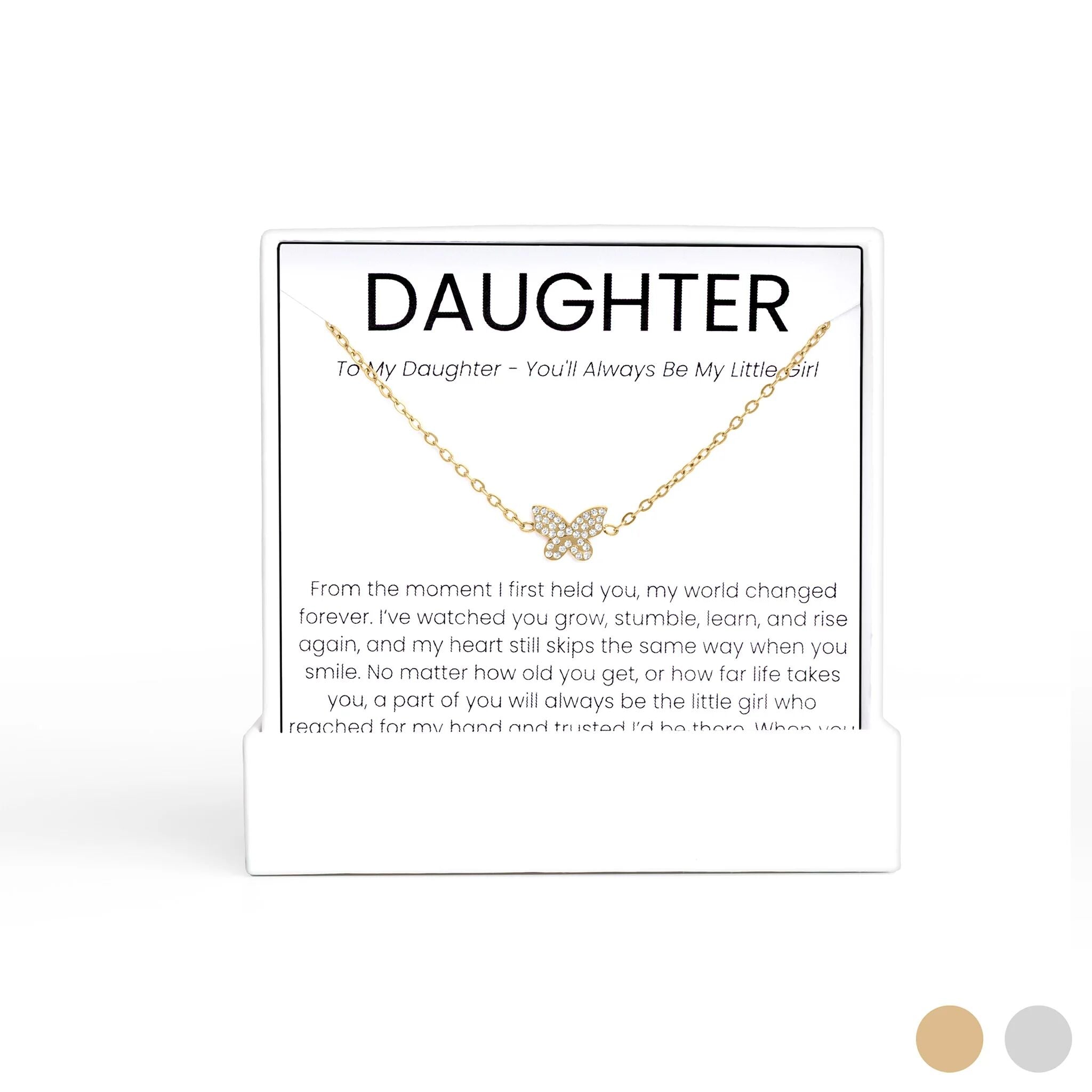 Gold Butterfly Necklace Gift Set on a card with 'DAUGHTER' text and message, on a white background