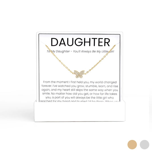 Gold Butterfly Necklace Gift Set on a card with 'DAUGHTER' text and message, on a white background