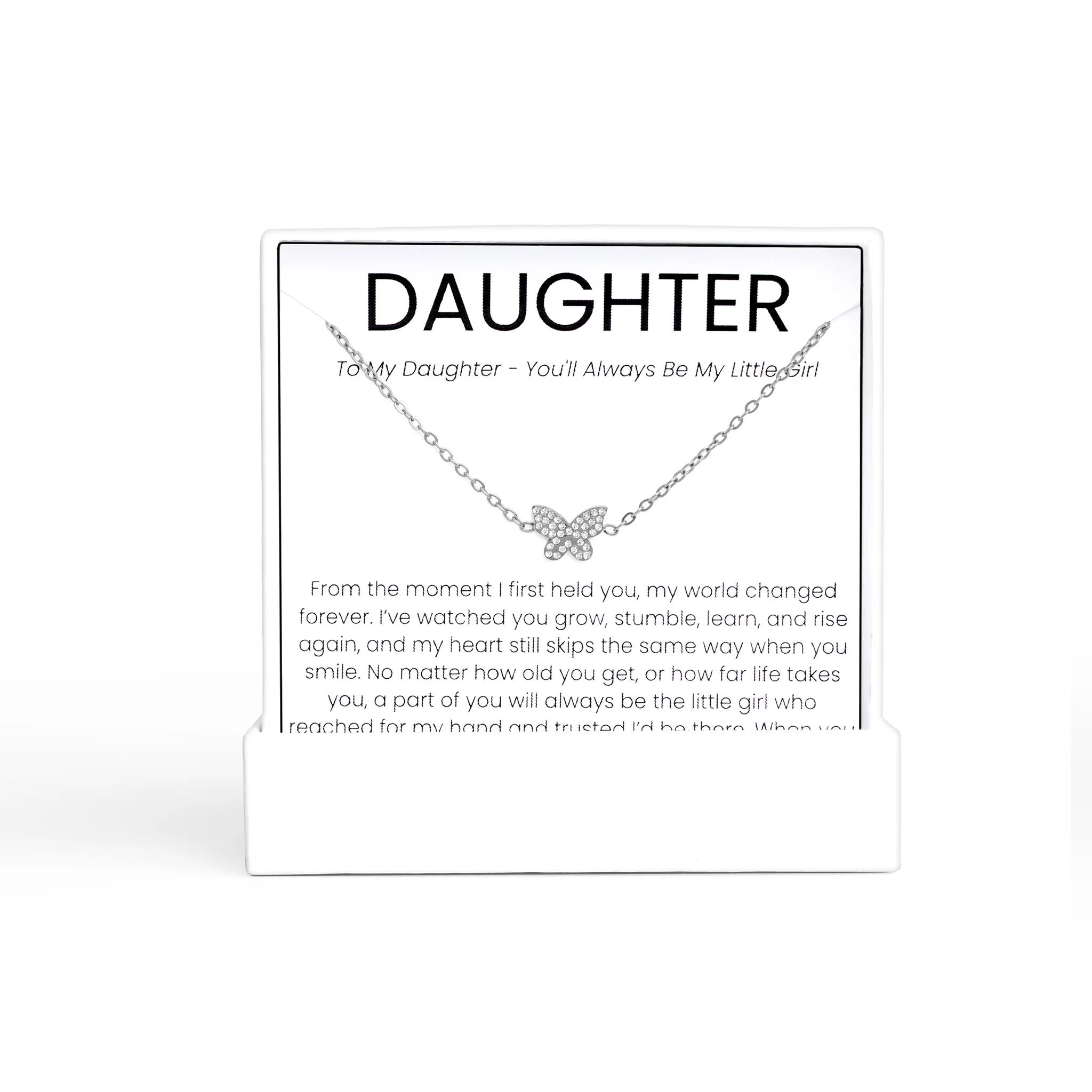 Silver Butterfly Necklace Gift Set with a card for daughter on a white background