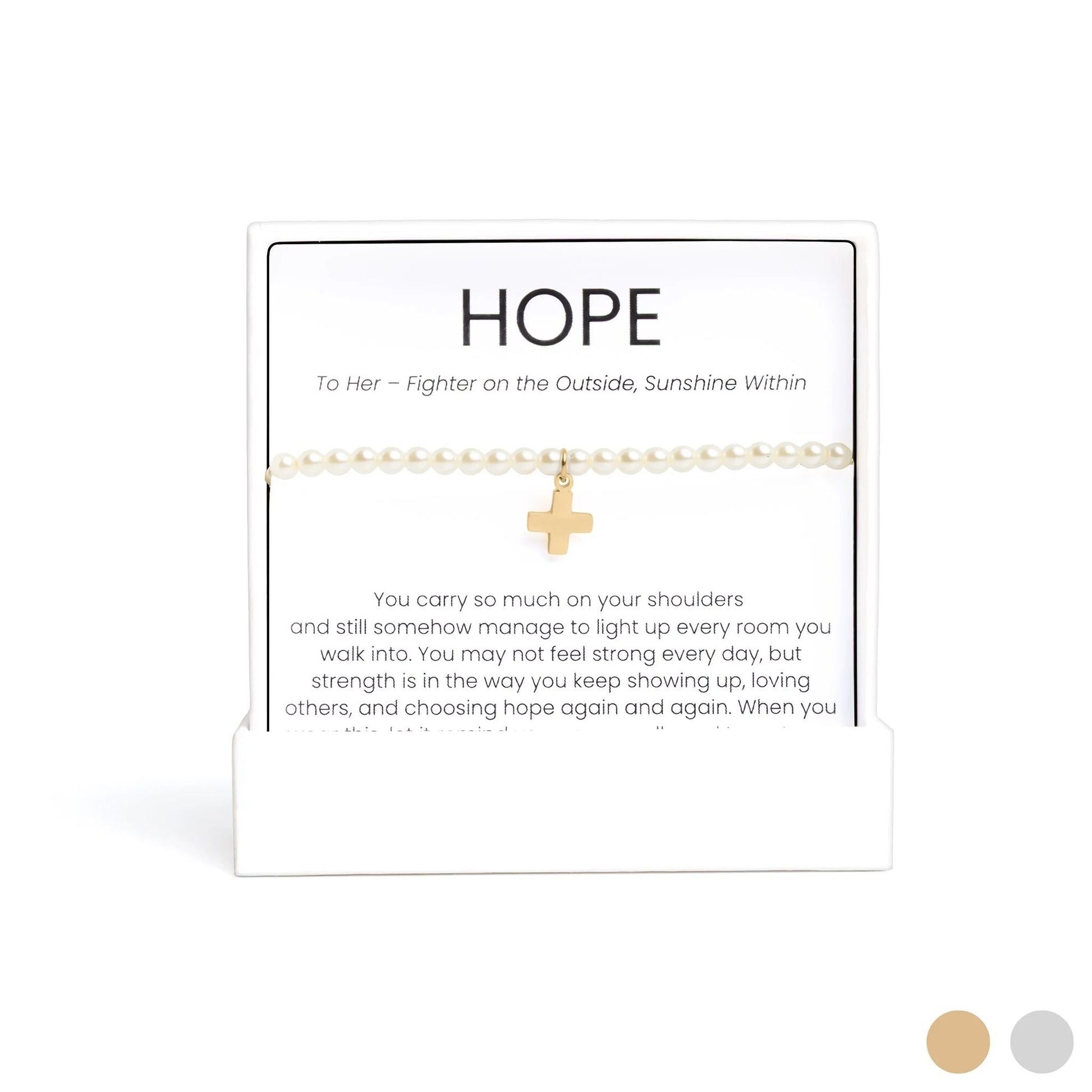 Pearl Pearl Beaded Bracelet with Cross Gift Set with gold cross on a card with 'HOPE' text
