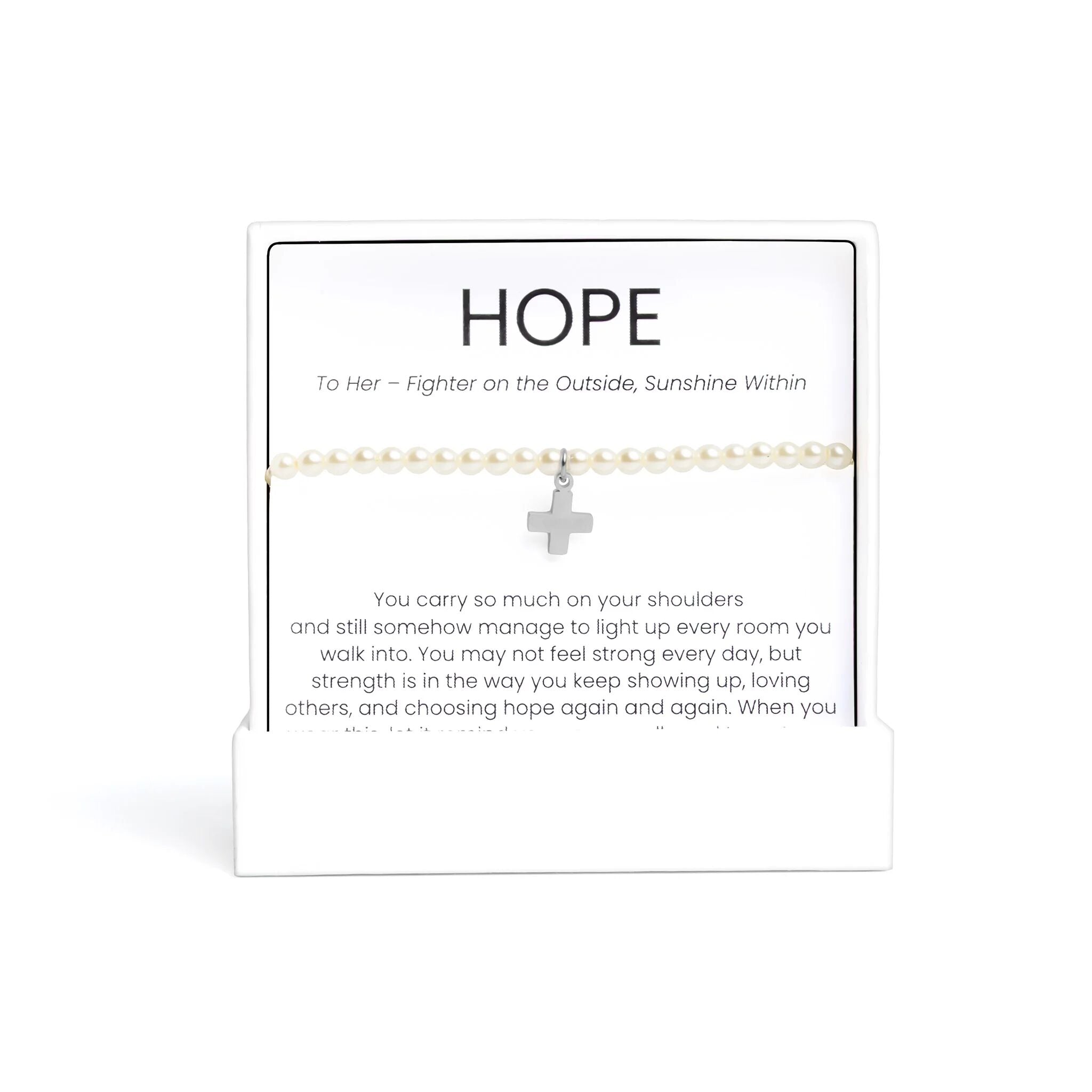 Silver Pearl Pearl Beaded Bracelet with Cross Gift Set with a cross charm on a card with 'HOPE' text
