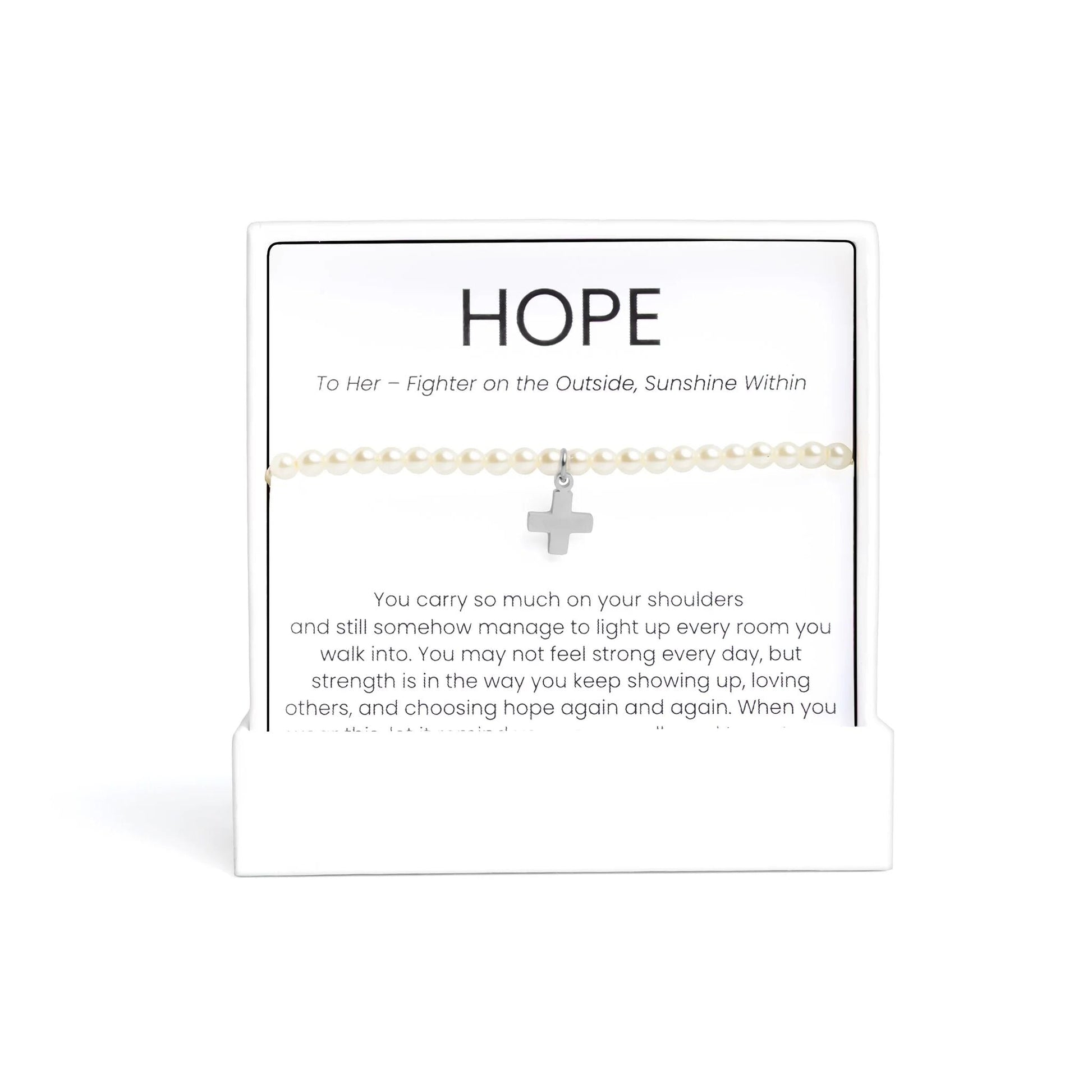 Silver Pearl Pearl Beaded Bracelet with Cross Gift Set with a cross charm on a card with 'HOPE' text