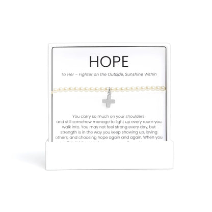 Silver Pearl Pearl Beaded Bracelet with Cross Gift Set with a cross charm on a card with 'HOPE' text