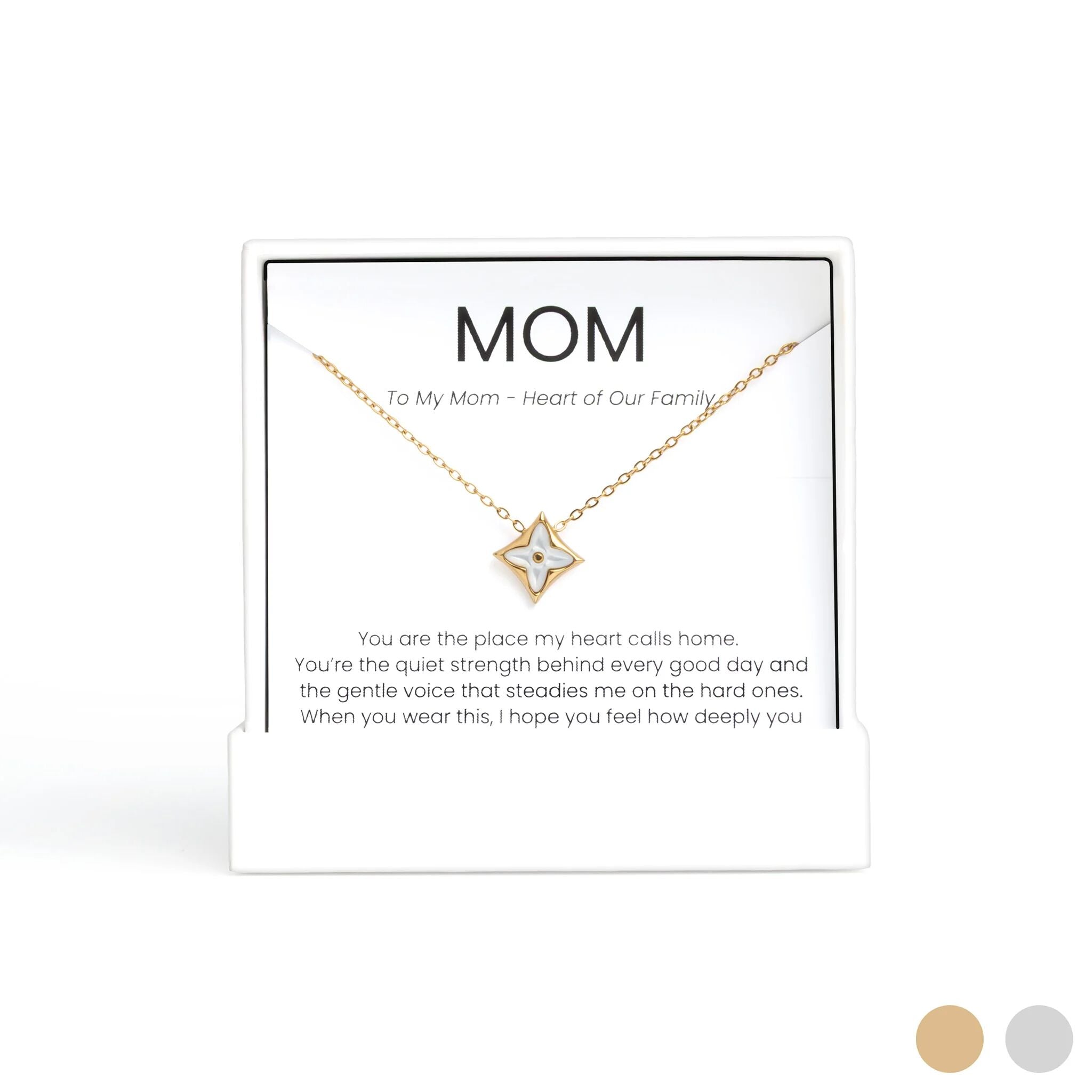 Gold Mother Of Pearl Star Pendant Necklace Gift Set on a card labeled 'MOM' with a message.