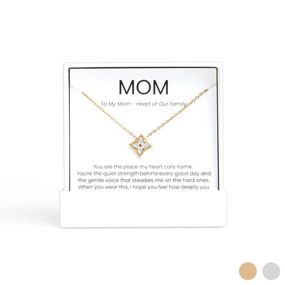 Gold Mother Of Pearl Star Pendant Necklace Gift Set on a card labeled 'MOM' with a message.