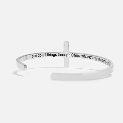18K Gold PVD Stainless Steel Philippians 4:13 Cross Cuff Bracelet