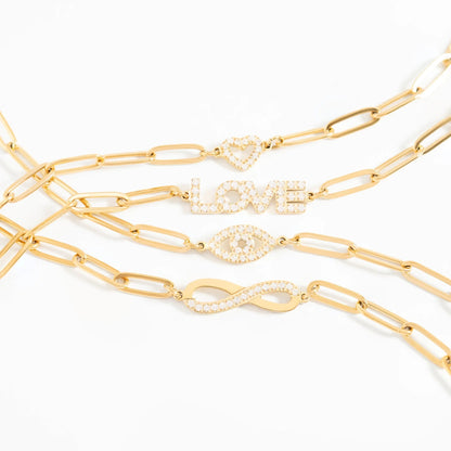 18K Gold PVD Stainless Steel Stone "Heart" Paperclip Chain Bracelet