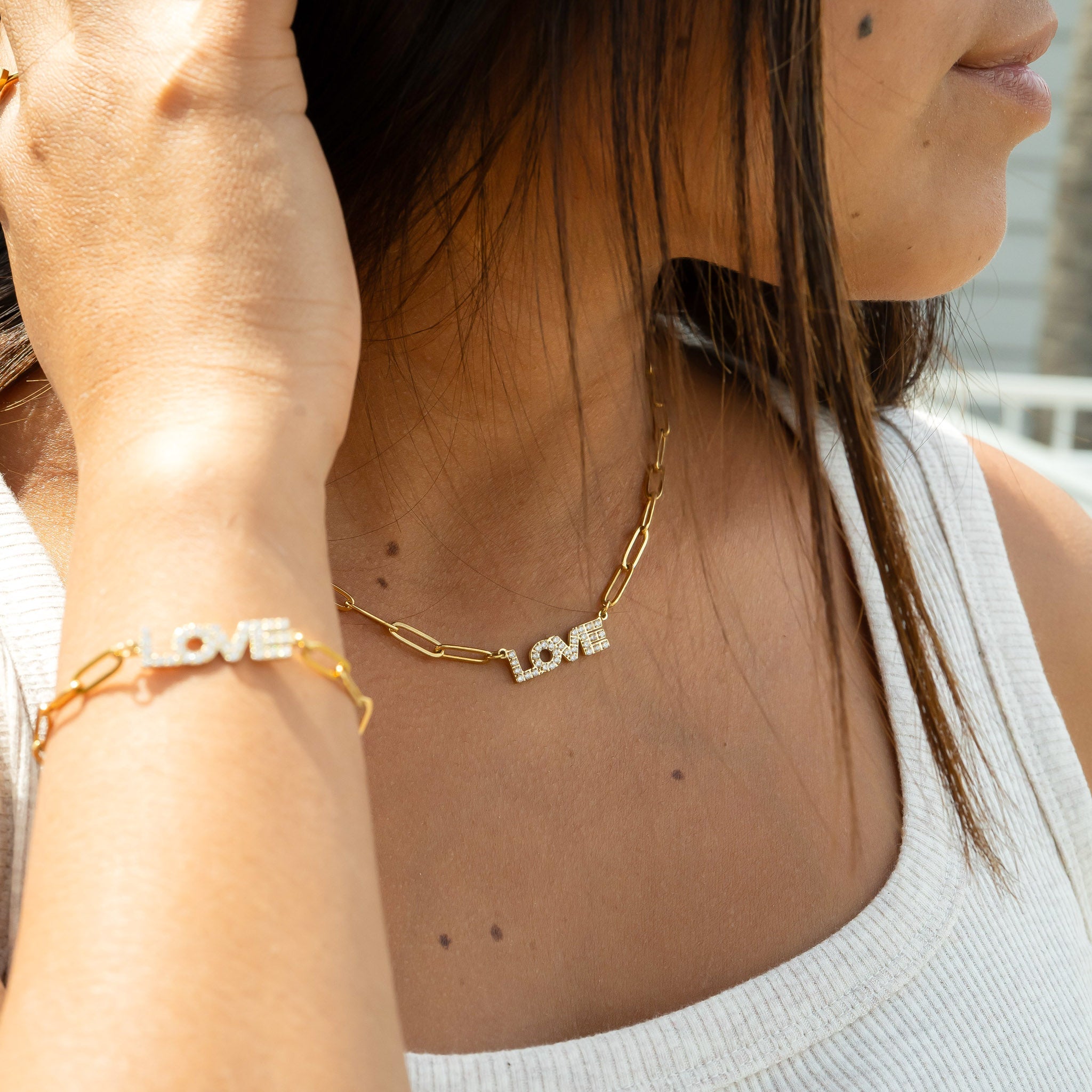18K Gold PVD Stainless Steel Stone Love Paperclip Chain Set
