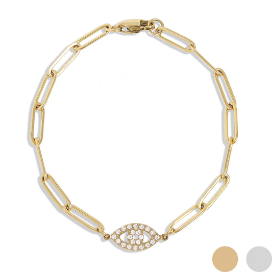 18K Gold PVD Stainless Steel Stone "Evil Eye" Paperclip Chain Bracelet